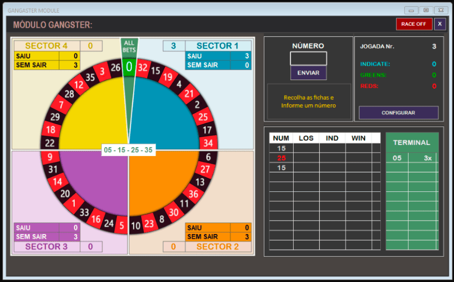 Sistema SpinAtaque exibindo indicação de apostas por setores da roleta online